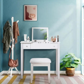  Белый туалетный столик с откидным зеркалом и 2 выдвижными ящиками для хранения ювелирных изделий для женщин