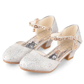  Блестящие сандалии для девочек, детская обувь на высоком каблуке, детские сандалии с украшением в виде кристаллов, детская обувь принцессы для подиума