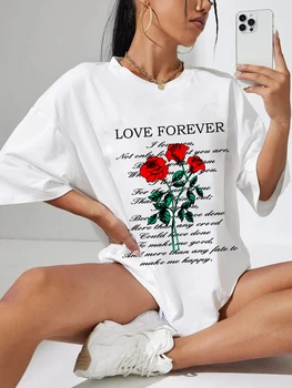  Футболка оверсайз цвета LOVE FOREVER, Забавная футболка с изображением розы, свободные футболки на День Святого Валентина, женские модные повседневные хлопковые эстетичные топы
