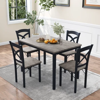 Обеденный стол из 5 предметов с Металлическим каркасом и 4 Стульями, Домашний Кухонный стол для Небольшой Кухни-Столовой, Обеденный Набор Коричнево-Серого цвета