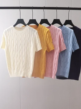  Корейский хлопковый свитер, Женская футболка с коротким рукавом, Укороченный топ, Женская повседневная весенняя рубашка с вышивкой в стиле ретро, вязаные топы, леди