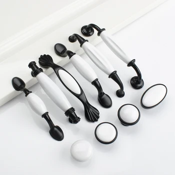 Черные/Белые дверные ручки в стиле Кантри, Керамическая ручка для выдвижных ящиков, кухонные шкафы и мебель
