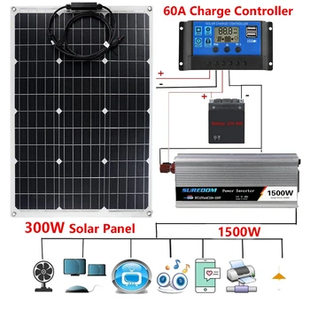  110V 220V Солнечная Энергетическая система 1500 Вт Инвертор 600 Вт Солнечная панель Зарядное устройство 60A Контроллер Комплект для выработки электроэнергии от 12 В до 220 В