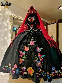  Пышные платья с шалью, расшитые черным Шарро, vestidos de 15 años, Изготовленные на заказ Платья для выпускного вечера Sweet 16 XV.