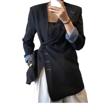  Осень 2020, новый модный асимметричный блейзер ol, женский пиджак в полоску с v-образным вырезом, тонкий офисный женский костюм, куртка