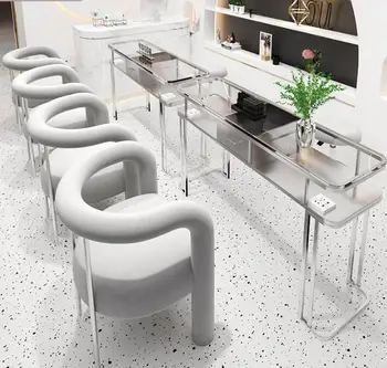 Набор стеклянных маникюрных столов и стульев Silver tie с одинарной двойной тройной каменной плитой, стол и стул для маникюрной мастерской