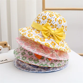  Солнцезащитная шляпа для маленьких девочек с милым бантом и цветочным принтом, повседневная летняя кепка-ведро с широкими полями