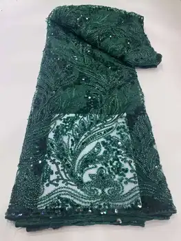  Нигерийская сетчатая кружевная ткань с Африканскими зелеными блестками Кружевная ткань высокого качества Французская сетчатая тюлевая кружевная ткань с 3D блестками