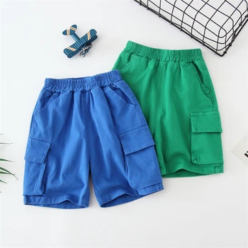  Модные короткие брюки-карго для мальчиков, новые летние свободные спортивные брюки с эластичной резинкой на талии, сине-зеленые повседневные шорты для детей, полуботинки