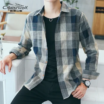  Мужская клетчатая корейская модная рубашка-кардиган с длинными рукавами, мужские приталенные рубашки и блузки на пуговицах с воротником-стойкой