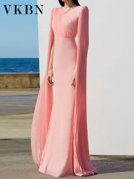  VKBN 2023, Летние вечерние платья для вечеринок, женские повседневные платья с круглым вырезом и длинным рукавом, Розовые вечерние платья для банкета для женщин