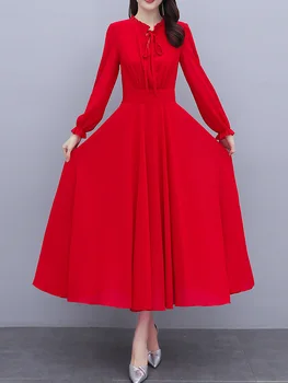  Женская одежда Красное шифоновое платье в стиле бохо, Весна-осень, Черное платье с длинным рукавом, шикарные Элегантные Модные повседневные платья Миди для выпускного вечера 2023 года.