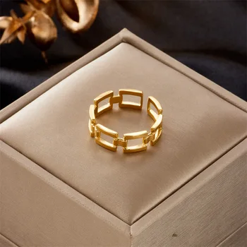  Геометрическое кольцо из нержавеющей стали 316L золотого цвета Для женщин, прямоугольные Выдалбливаемые Открывающие кольца, Классический ювелирный подарок для девочек