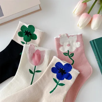  Белые носки в цветочек, Женские носки средней длины, Летние Тонкие хлопковые носки в цветочек, Милые носки для девочек, Японские хлопковые носки с тюльпановым лесом для девочек