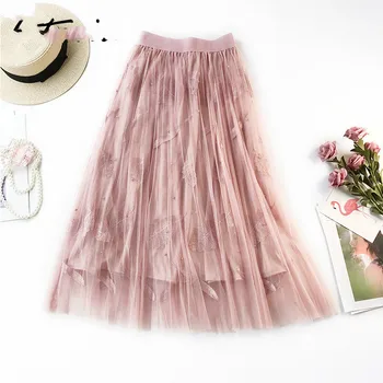  Длинные юбки с высокой талией для женщин, элегантная юбка из тюля, вышитая розовая плиссированная юбка трапециевидной формы длиной до колен, юбки 2023